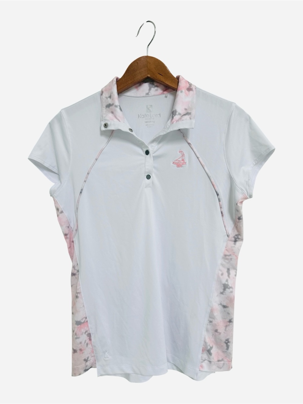 Kate Lord Women’s Golf Polo Shirt White with Pink & Gray Pinehurst